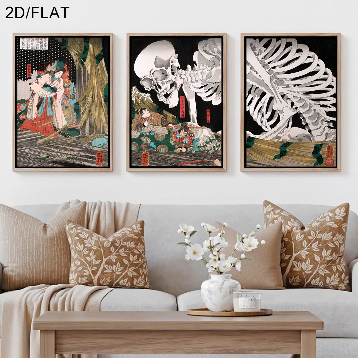 Art Craft House - 3 ชิ้น ภาพพิมพ์บนผ้าใบลาย Takiyasha แม่มดญี่ปุ่นย้อนยุคและโครงกระดูก ภาพศิลปะนามธรรมสำหรับตกแต่งห้องนั่งเล่น