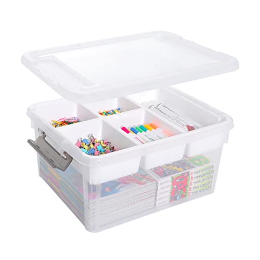 Art Craft Organizer - กล่องจัดเก็บอุปกรณ์งานฝีมือแบบใสขนาด 17QT พร้อมถาดที่ถอดออกได้ กล่องจัดเก็บอุปกรณ์ศิลปะแบบซ้อนกันได้พร้อมฝาปิดสำหรับเก็บลูกปัด