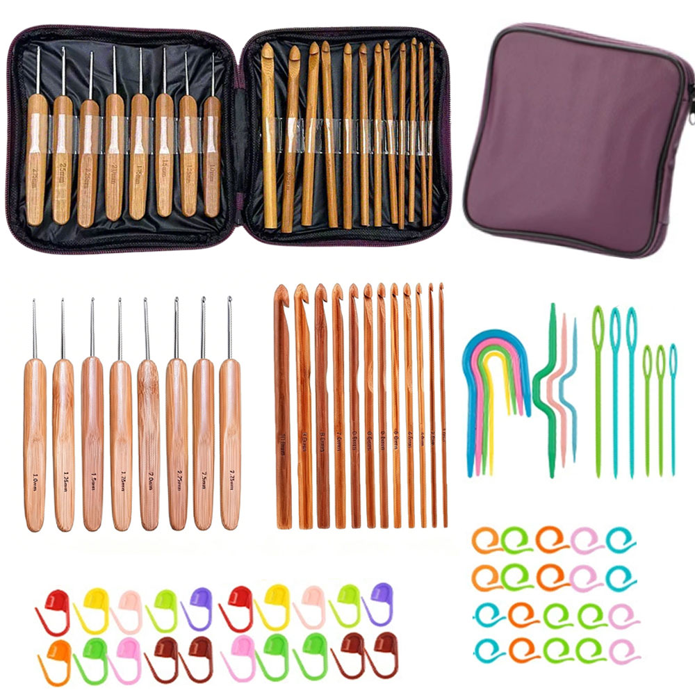 Art Craft Material - ชุดเข็มโครเชต์ไม้ไผ่ 74 ชิ้น พร้อมอุปกรณ์ถักไหมพรม เย็บปักถักร้อย พร้อมกระเป๋าเก็บแบบพกพา