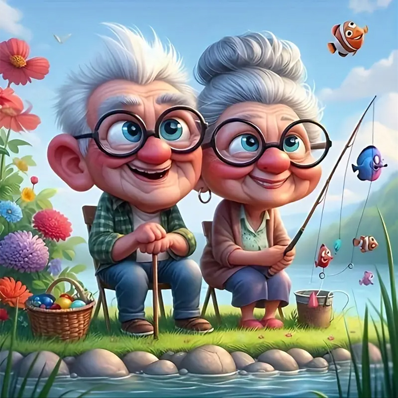 Art Craft Website - ชุดภาพเพชรตกแต่งบ้านสำหรับผู้ใหญ่ ลายคู่ปู่ย่าตายายตกปลา งานฝีมือศิลปะแบบไม่มีกรอบ