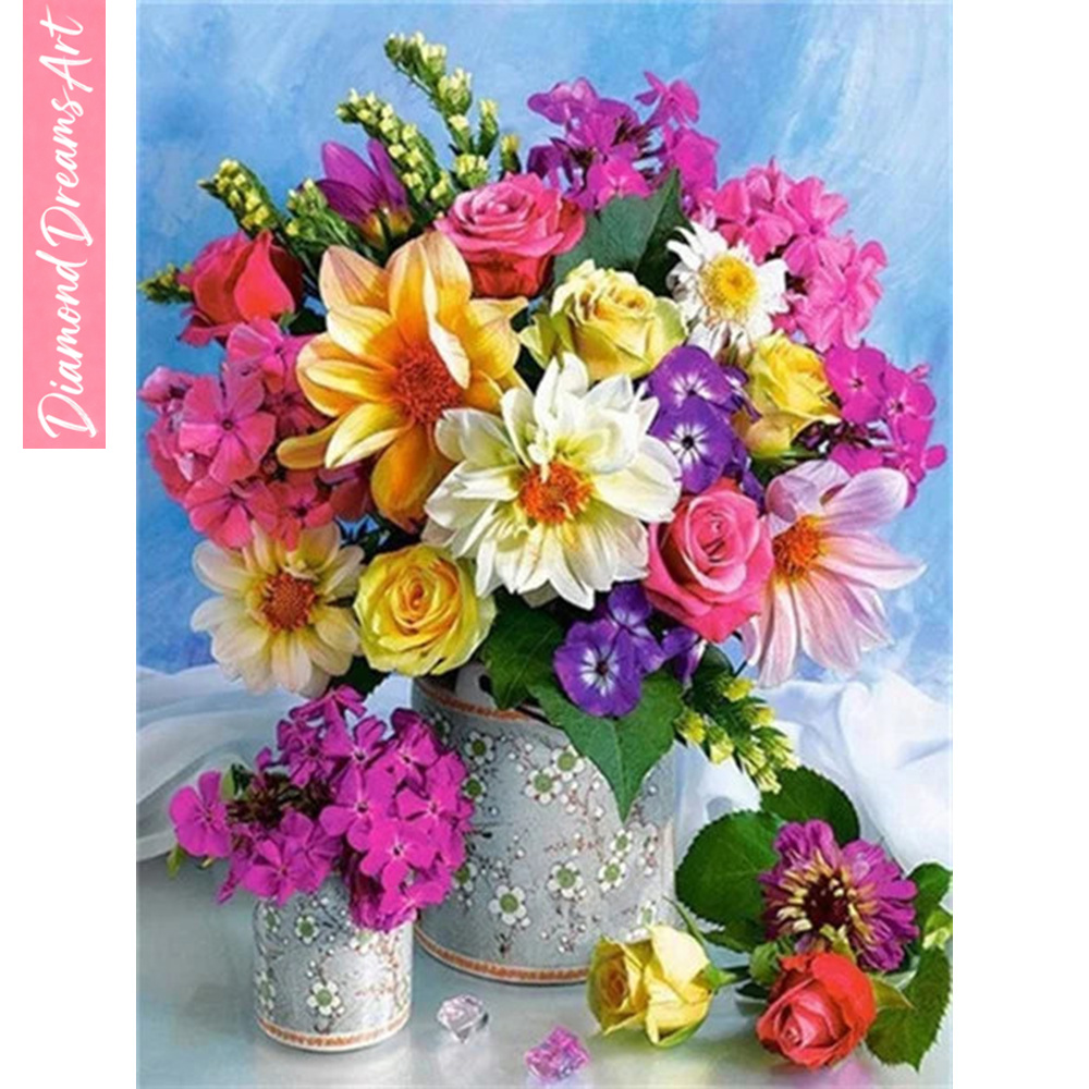 Art Craft Flower - ภาพวาดเพชร 5 มิติ ลายดอกไม้ แจกันกุหลาบ งานศิลปะตกแต่งผนัง