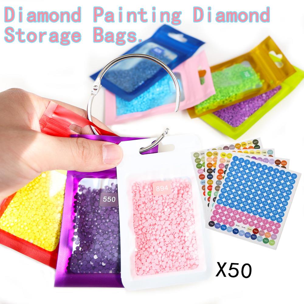 Art Craft Painting - ถุงเก็บลูกปัดเพชรสำหรับงานศิลปะ 50 ชิ้น พร้อมป้ายกำกับ ถุงซิปแบบใช้ซ้ำได้สำหรับจัดเก็บอุปกรณ์งานฝีมือ DIY