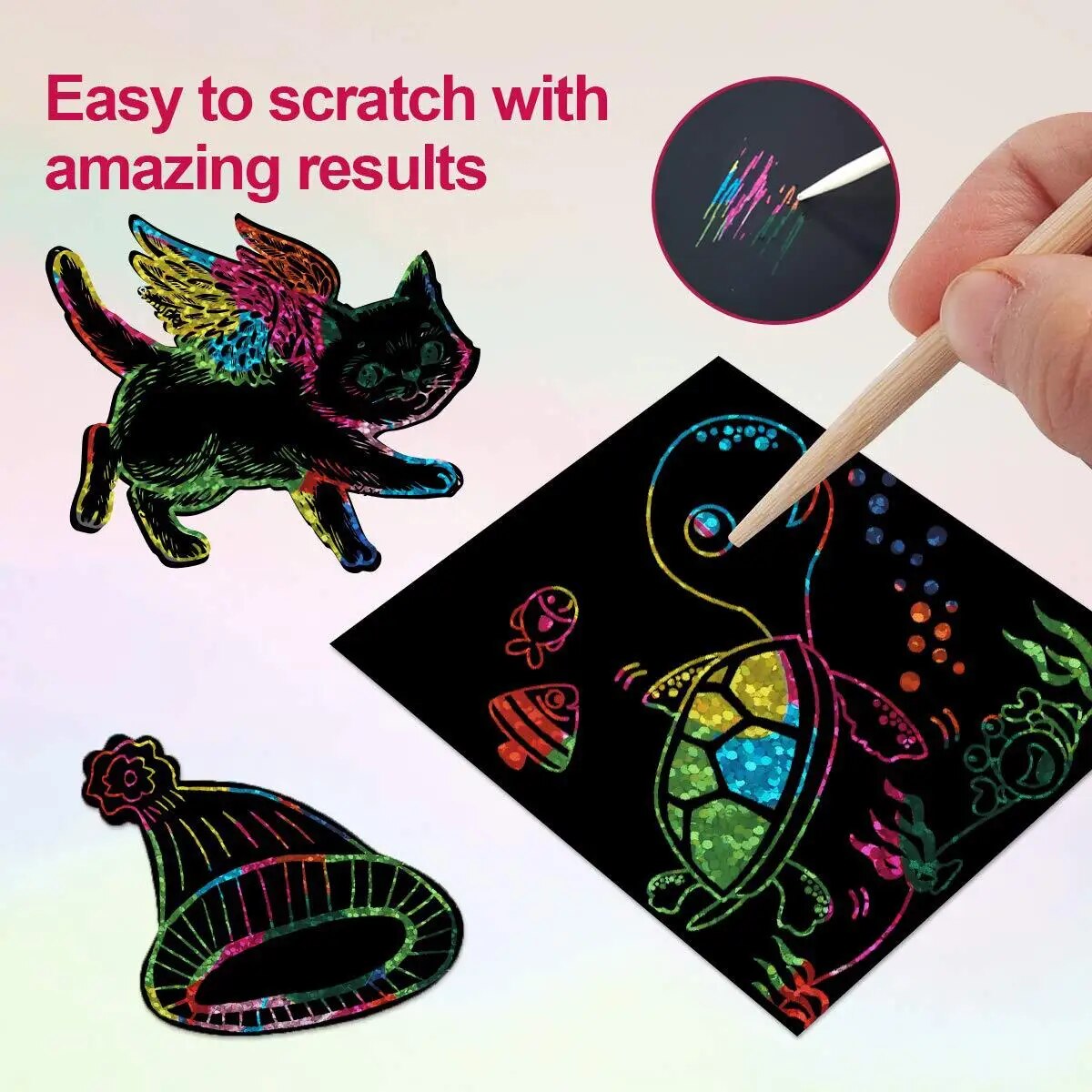 Art Craft Stick - ชุดการ์ดศิลปะขูดสร้างสรรค์มากมาย! ชุดหัตถกรรมพ่อแม่และลูก 100 ชิ้นพร้อมแท่งไม้ไผ่ ของขวัญ DIY