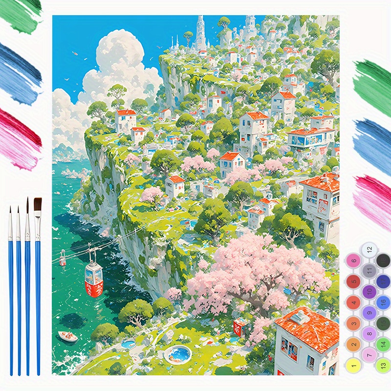 Art Craft Game - ชุดระบายสีตามตัวเลขสำหรับผู้ใหญ่ ระดับเริ่มต้น ขนาด 40x50 ซม. ภาพวาดบนผ้าใบลายเมืองดอกไม้