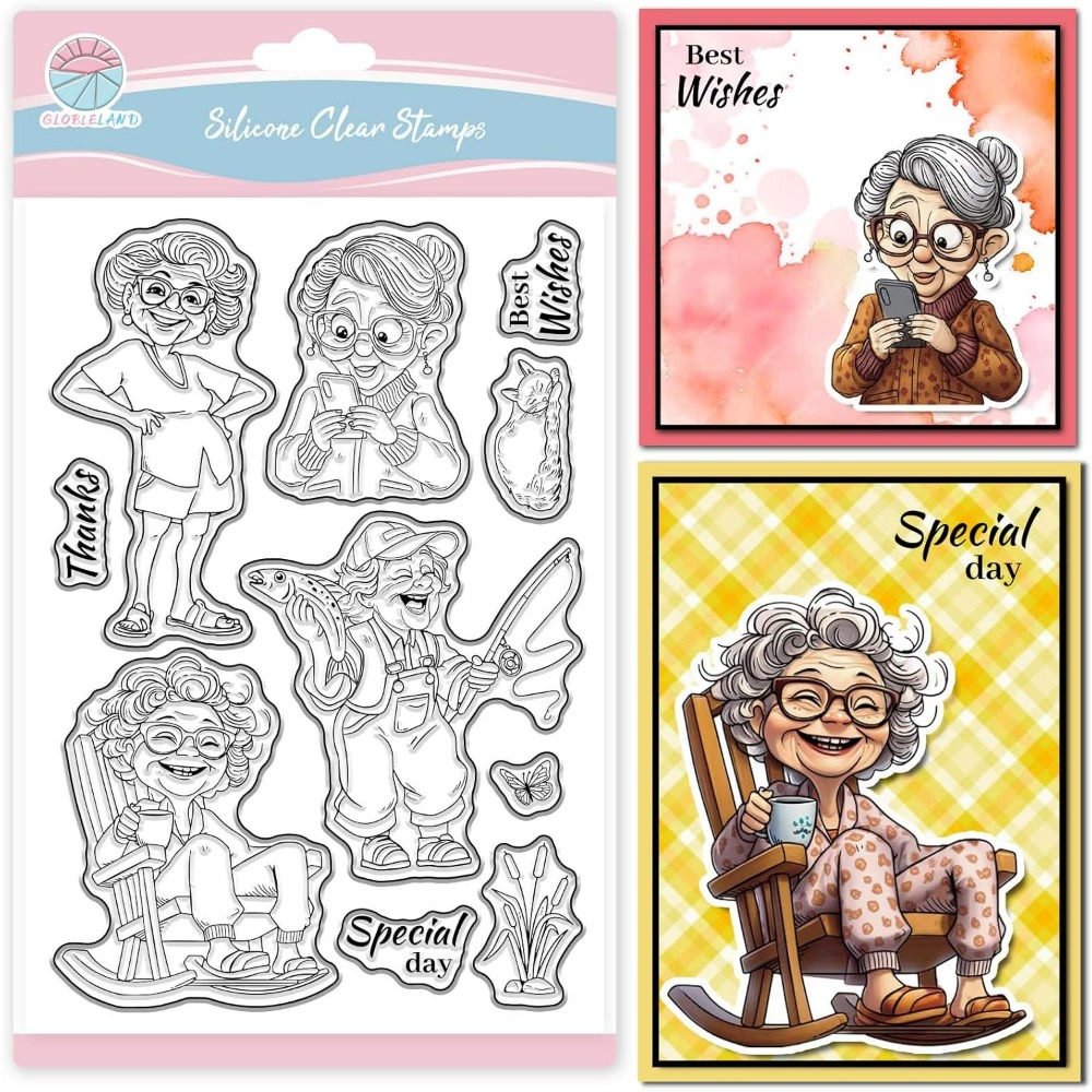Rubber Stamp Blank - ยิ้ม Old Lady ล้างแสตมป์สําหรับ Scrapbooking ตกปลายายซิลิโคนแสตมป์แมวผู้หญิงแสตมป์โปร่งใสสําหรับทําบัตร